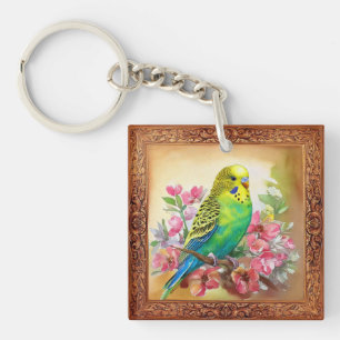Parakeet and Blossoms Key Ring