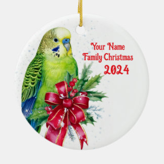 Parakeet and Christmas Bow Ceramic Tree Decoration