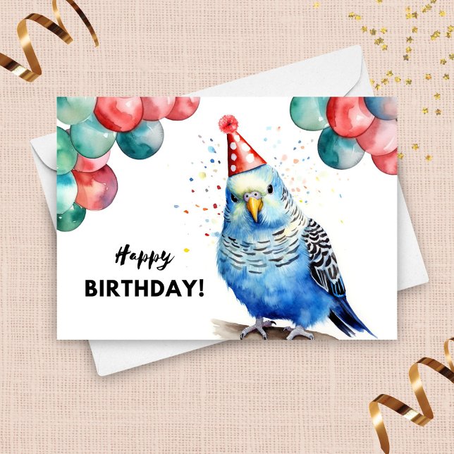 Parakeet Budgie Balloons and Party Hat Birthday Card (Creator Uploaded)