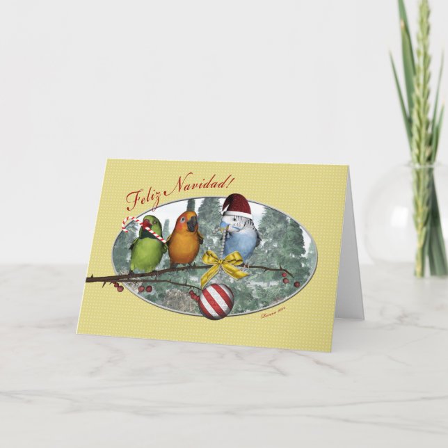 Parakeet Feliz Navidad Spanish Christmas Card (Front)