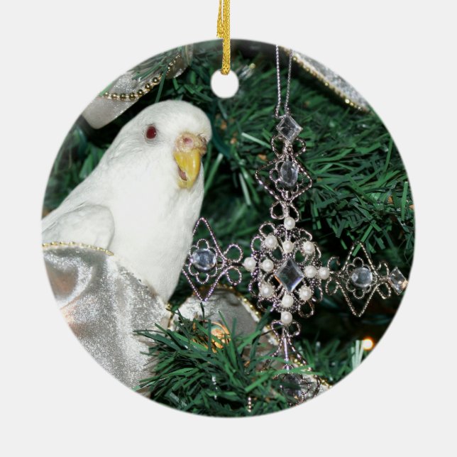Parakeet in a Christmas tree Ceramic Tree Decoration (Back)