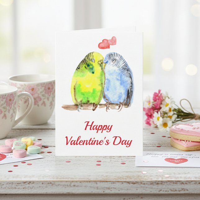Parakeet Love Birds Valentine's Day Watercolor Card (Creator Uploaded)