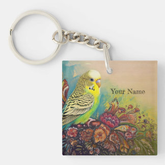 Parakeet with Folk Art Flowers Key Ring