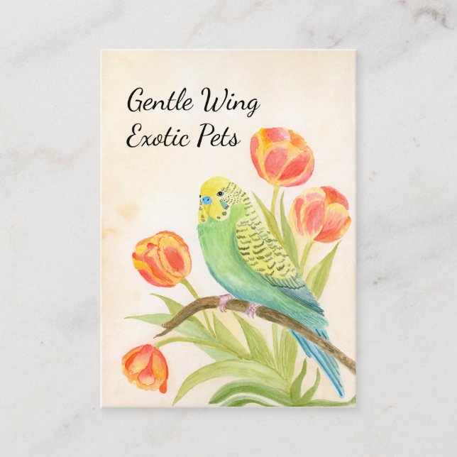 Parakeet with Tulips Exotic Pets Business Card (Front)