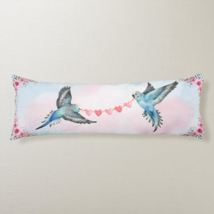 Parakeets Holding a Heart String in Pink Blue Sky Body Cushion