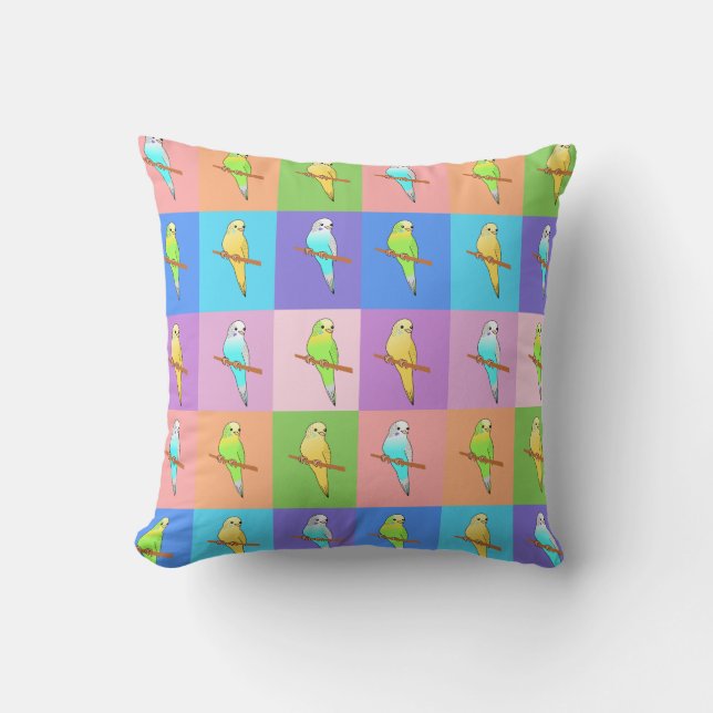 Parakeets in colourful squares Pattern cushion (Front)