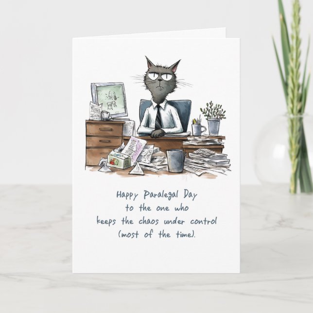 Paralegal Day from Group Funny Man Cat at Desk Card (Front)