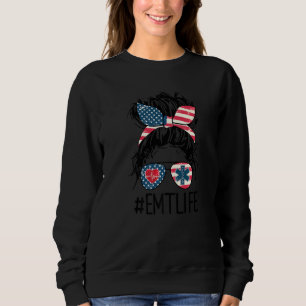 Paramedic Emt Life Messy Bun American Us Flag 4th  Sweatshirt