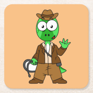Parasaurolophus Dressed As Indiana Jones. Square Paper Coaster
