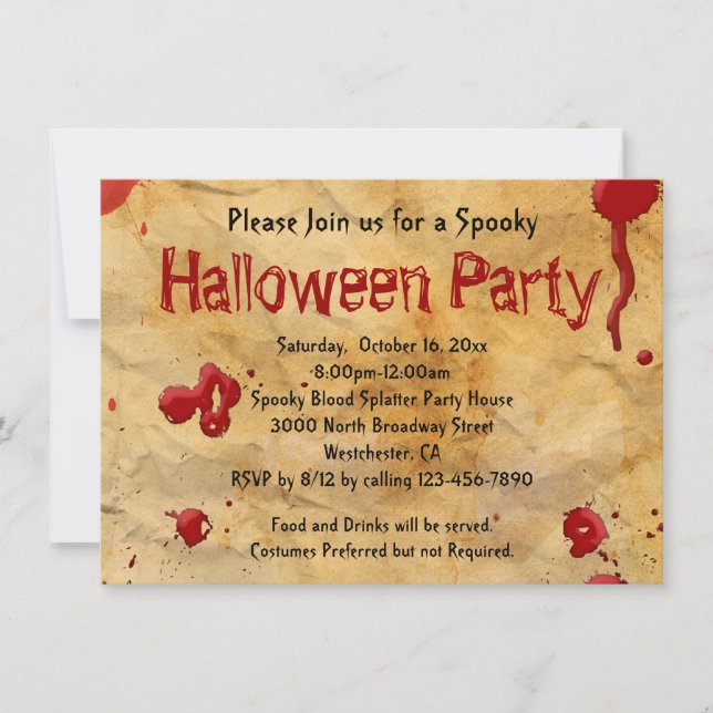 Parchment, Blood Splatter Halloween Invitations (Front)