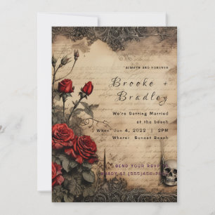 Parchment & Deep Red Gothic Floral Wedding Invitation