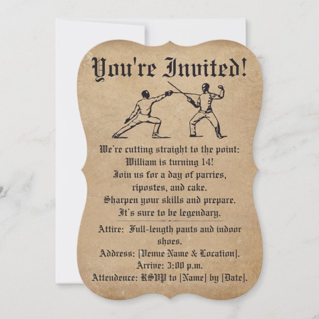 Parchment En Garde Fencing Duel Birthday Invite (Front)