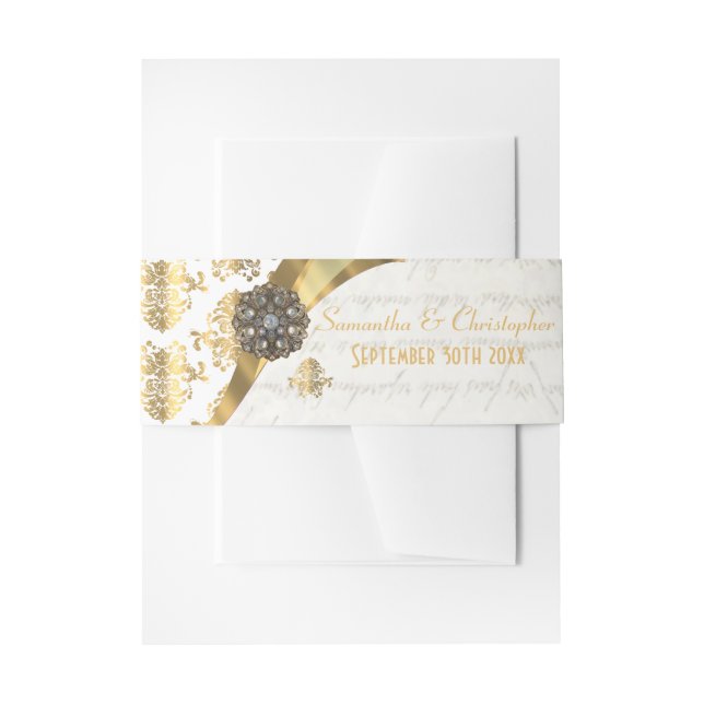 Parchment,  gold and white damask wedding invitation belly band (Front Example)