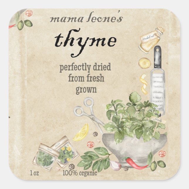 Parchment Vintage Spice Thyme Jar Bottle  Square Sticker (Front)