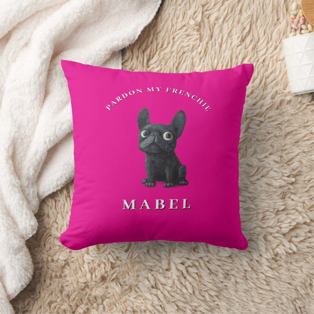 Pardon My Frenchie Black Dog Pink Throw Pillow (Blanket)
