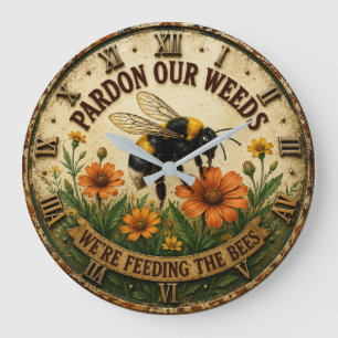 Pardon Our Weeds We're Feeding the Bees Garden  Large Clock