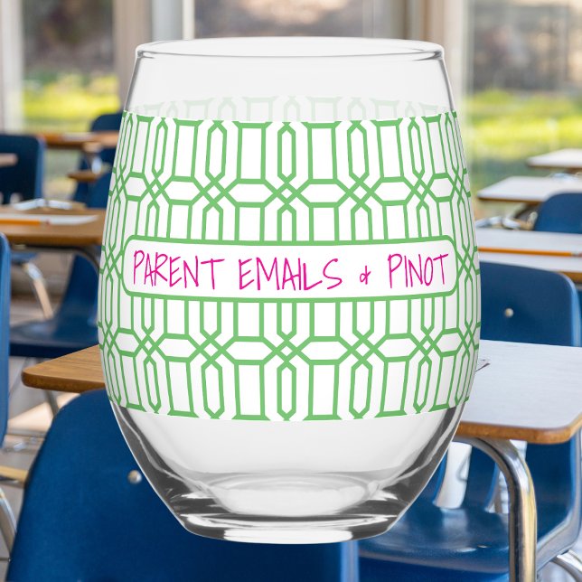Parent Emails & Pinot Funny Preppy Teacher Custom Stemless Wine Glass (Creator Uploaded)