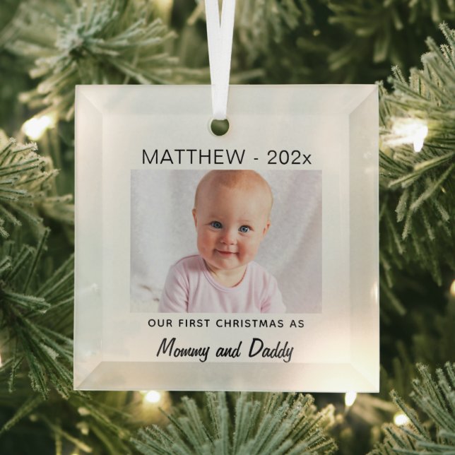 Parent's 1st Christmas, Baby Photo Keepsake Glass Tree Decoration (Insitu)