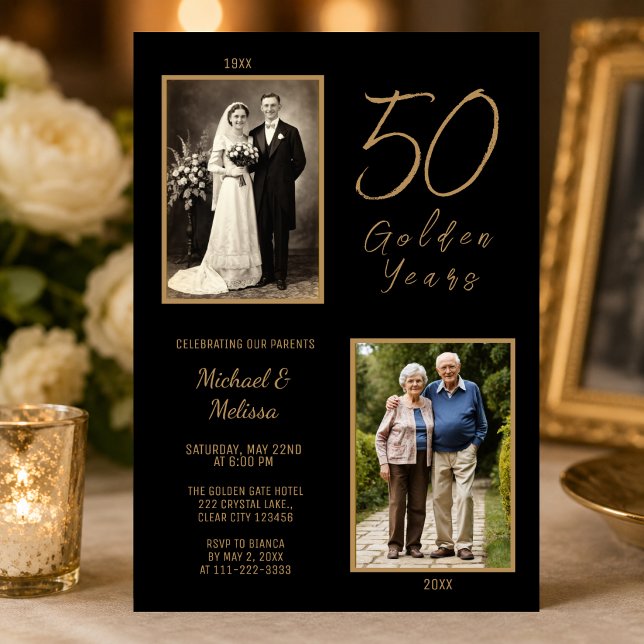 Parents 50 Golden Years Celebration Invitation (Elegant black and gold parents 50th anniversary invitation with timeless then and now photos.)