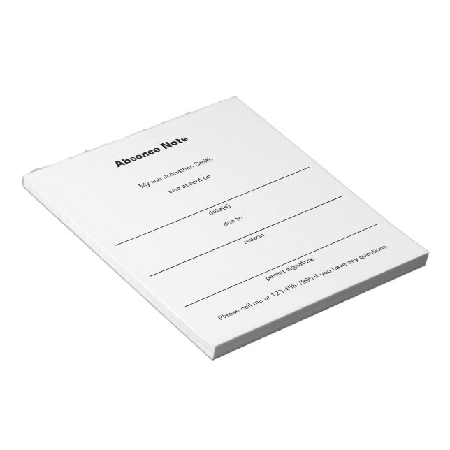 Parent's Absence Note for School with Child's Name (Angled)
