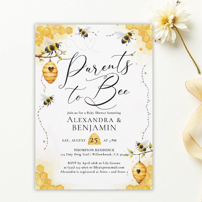 Parents Bee Summer Watercolor Coed Baby Shower Invitation (parents to bee baby shower theme invitation spring summer little honey watercolor elegant)