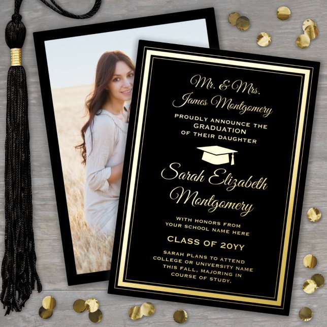Parents Black & Foil Photo Graduation Announcement (Creator Uploaded)