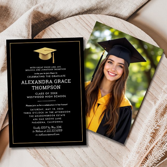 Parents Names Photo Black Gold Graduation Invitation (Creator Uploaded)