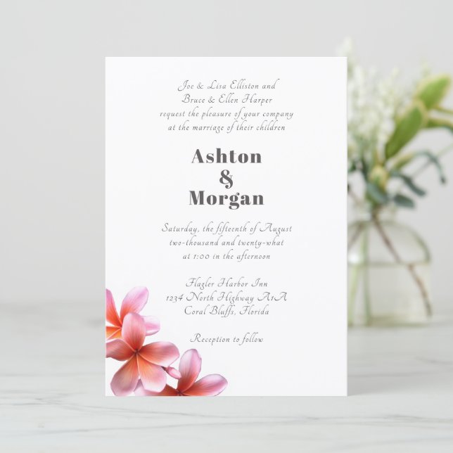 Parents Names Pink Frangipani Wedding Invitation (Standing Front)