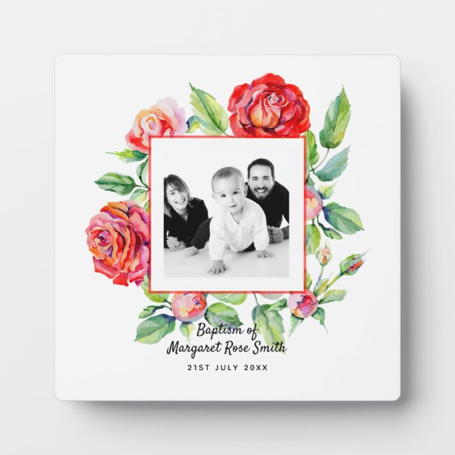 Parents Photo BAPTISM Keepsake Gift - Red Roses Plaque (Front)