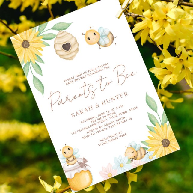 Parents to Bee Watercolor Bumblebee Baby Shower Invitation (Bee our guest for a sweet celebration!)