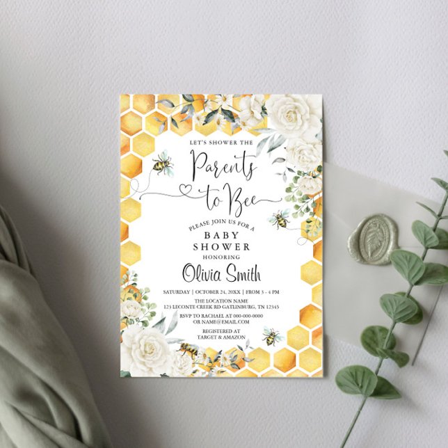 Parents to Bee White Floral Baby Shower Invitation (Creator Uploaded)