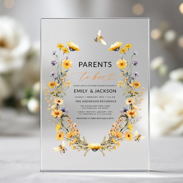 Parents to Bee Wildflower Couples Baby Shower Acrylic Invitations (Creator Uploaded)
