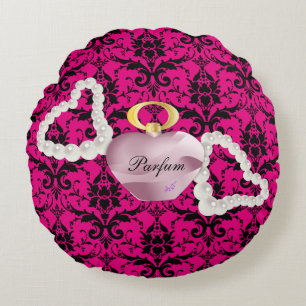 Parfum & Pearls Pink Damask Round Pillow