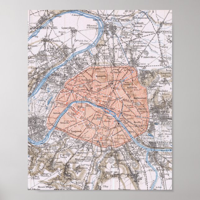 Parijs, frankrijk, antieke kaart 1895 poster (Front)