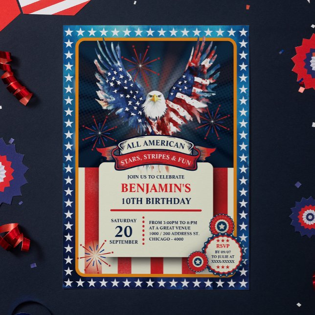 Pariotic All American Eagle Birthday Party Invitation (Celebrate in true American spirit with this bold and birthday invitation featuring a majestic eagle!)
