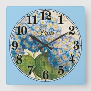Paris and Blue Flowers Square Wall Clock