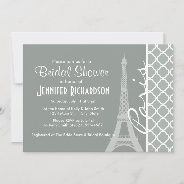 Paris; Ash Grey Moroccan Quatrefoil Invitation (Front)