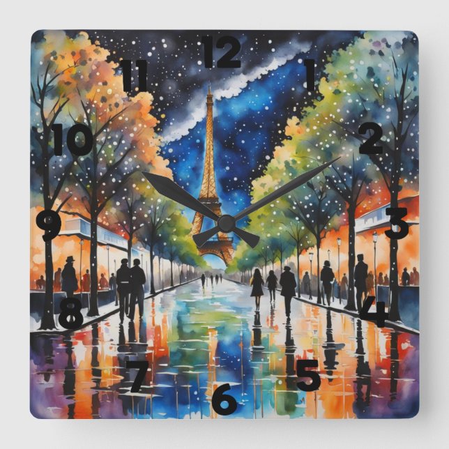 Paris at Night Reflecting Rainwater Square Wall Clock (Front)