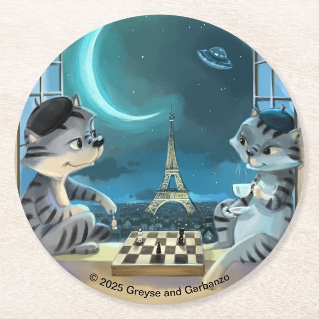 Paris at Night Round Paper Coasters (Set of 6)  (Front)