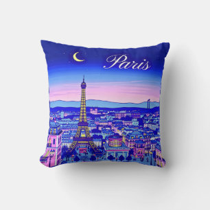 Paris at Twilight Under a Crescent Moon Cushion