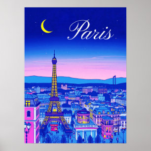 Paris at Twilight Under a Crescent Moon Poster