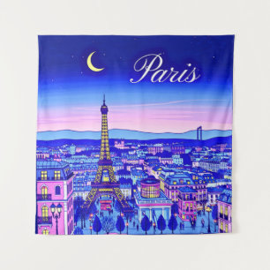 Paris at Twilight Under a Crescent Moon Tapestry