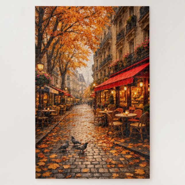Paris Autumn Café Street – Warm Fall Puzzle (Vertical)