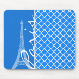 Paris; Azure Blue Quatrefoil Mouse Pad