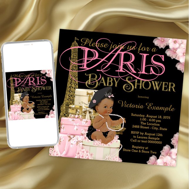 Paris Baby Girl Shower Invitations (Pink black and gold Paris baby shower invitation. Instant download and printed invitations available)