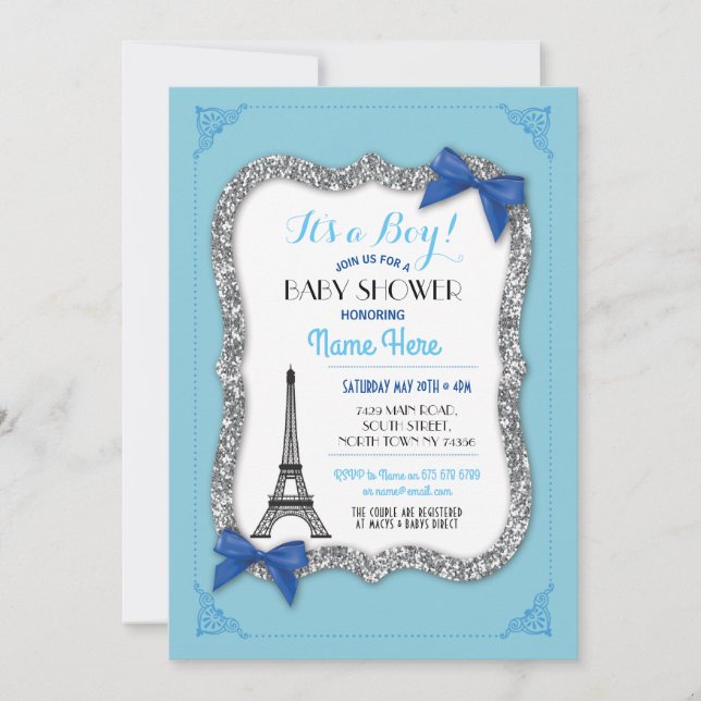 Paris Baby Shower Boy Blue Eiffel Tower Invite (Front)