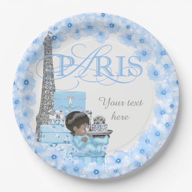 Paris Baby Shower Paper Plates Ethnic Boy Baby (Front)