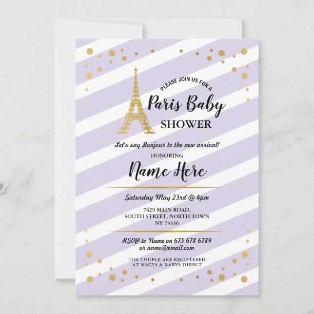Paris Baby Shower Purple Gold Eiffel Tower Invitation (Front)