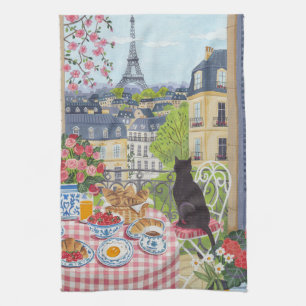Paris Balcony Cat Breakfast Eiffel Tower Tea Towel