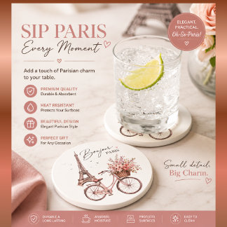 Paris Bicycle & Eiffel Tower Glass Coaster | Elega